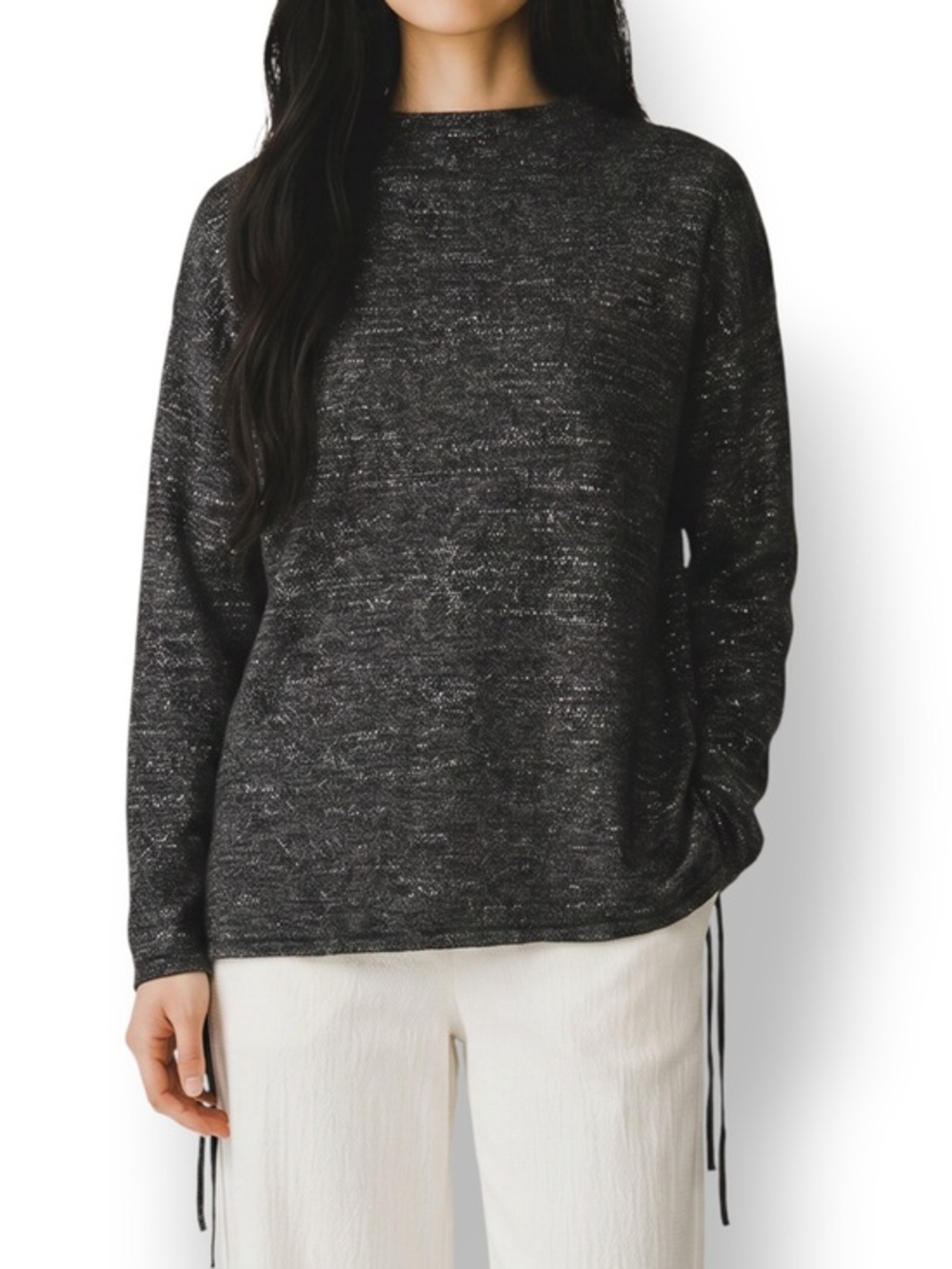 4/$20 Pure Jill Black Marled Cotton Side Tie Sweater Top Petite M Relaxed Knit
